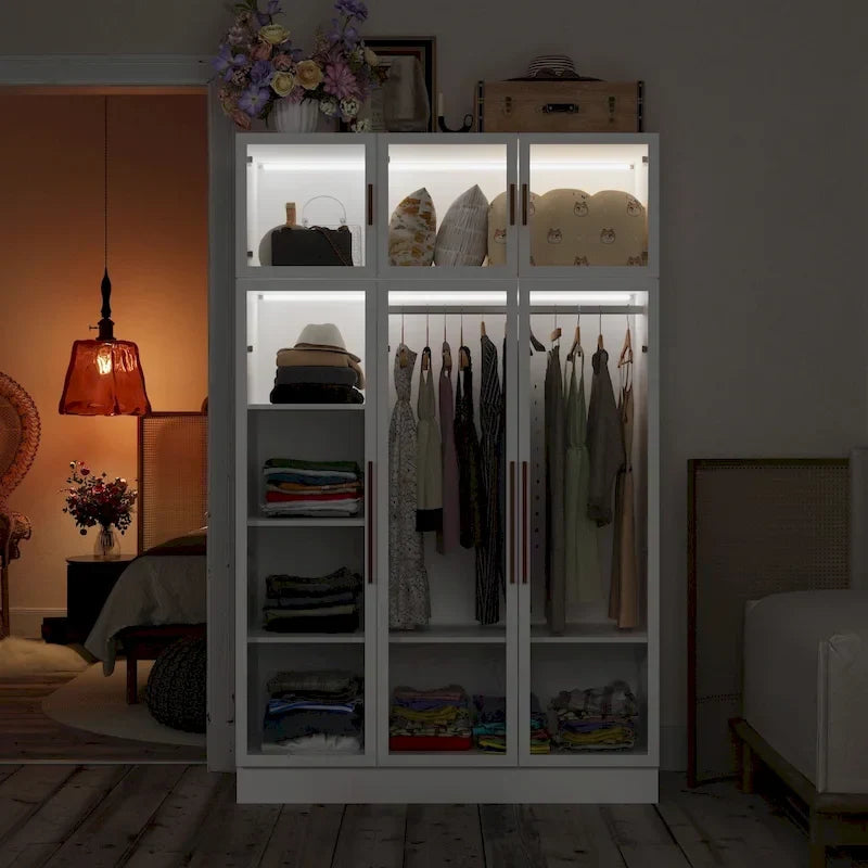 47,2 Zoll breiter Kleiderschrank mit LED-Beleuchtung, Ganzglastüren