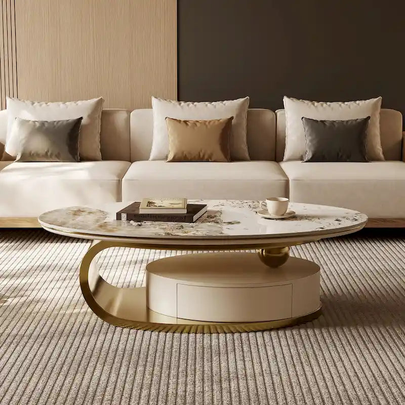51 Moderne Pandora Oval-Couchtisch mit glänzender gesinterter Steinplatte, Luxus-Couchtisch, Edelstahlbeine für das Wohnzimmer