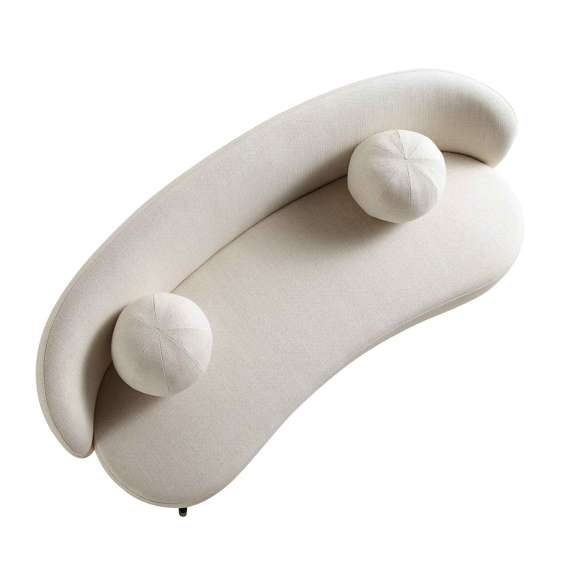 3-Sitzer geschwungenes Sofa mit Kugel-Kissen, Leinenmischung Beige