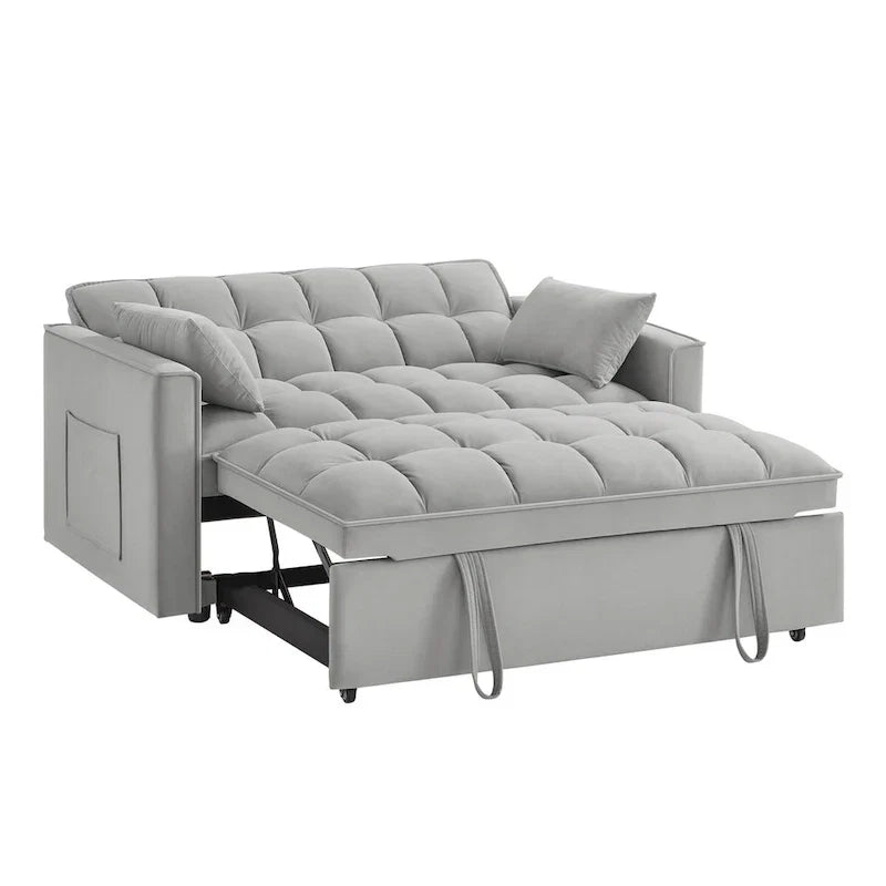 4-in-1 Loveseat Schlafsofa mit Armlehnen & Aufbewahrungstaschen, Multifunktionales getuftetes Ausziehsofa mit verstellbarer Rückenlehne
