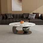51 Moderne Pandora Oval-Couchtisch mit glänzender gesinterter Steinplatte, Luxus-Couchtisch, Edelstahlbeine für das Wohnzimmer