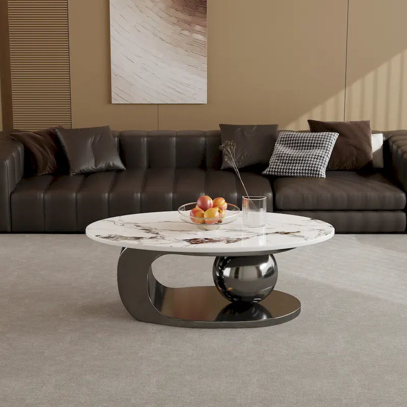 51 Moderne Pandora Oval-Couchtisch mit glänzender gesinterter Steinplatte, Luxus-Couchtisch, Edelstahlbeine für das Wohnzimmer