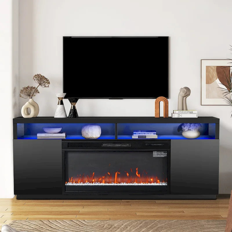 68 Moderne schwarze RGB-Elektrokamin-TV-Konsole für Fernsehgeräte bis 72 Zoll