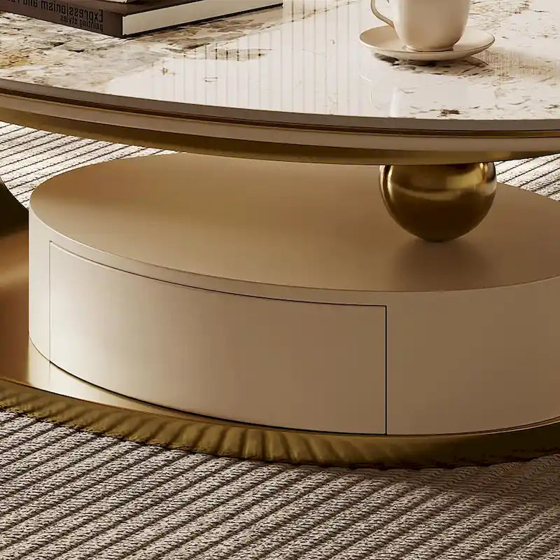 51 Moderne Pandora Oval-Couchtisch mit glänzender gesinterter Steinplatte, Luxus-Couchtisch, Edelstahlbeine für das Wohnzimmer