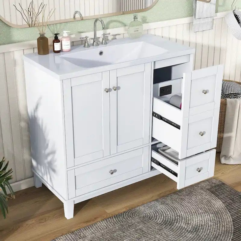36 Zoll Badezimmerwaschtisch mit USB-Ladefunktion, Harzwaschbecken, Massivholzrahmen, 3 Schubladen Stauraum