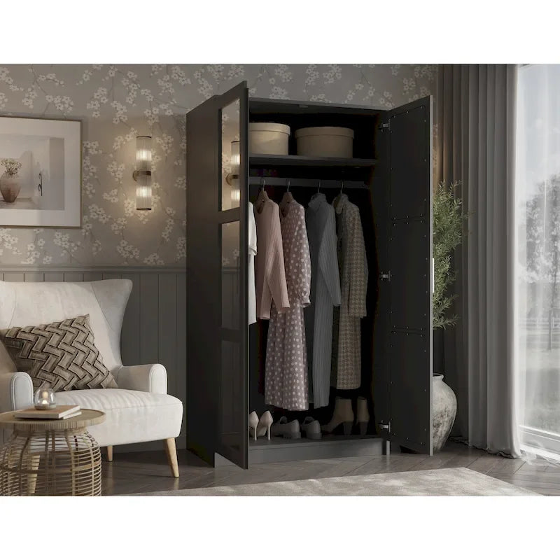 100 % Massivholz Urbaner Kleiderschrank mit 2 Türen, mit Massivholz- und Spiegeltüren