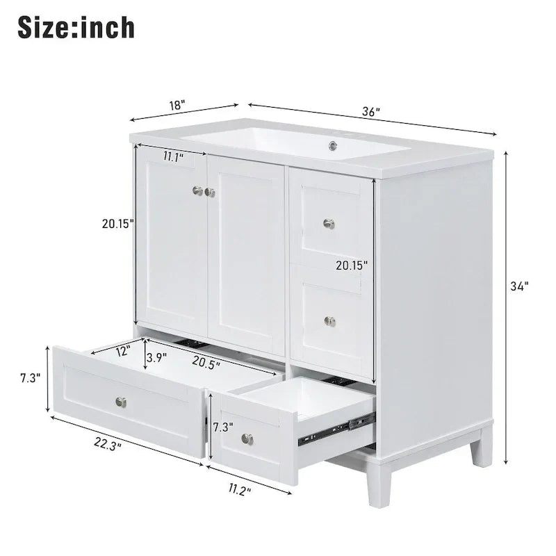 36 Zoll Badezimmerwaschtisch mit USB-Ladefunktion, Harzwaschbecken, Massivholzrahmen, 3 Schubladen Stauraum