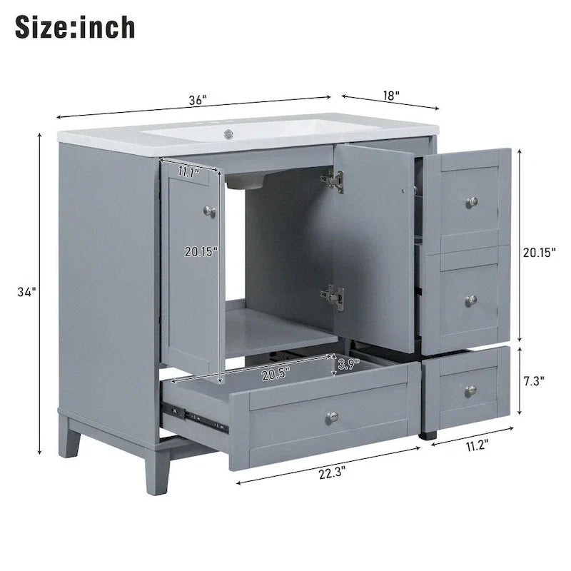 36 Zoll Badezimmerwaschtisch mit USB-Ladefunktion, Harzwaschbecken, Massivholzrahmen, 3 Schubladen Stauraum
