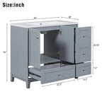 36 Zoll Badezimmerwaschtisch mit USB-Ladefunktion, Harzwaschbecken, Massivholzrahmen, 3 Schubladen Stauraum