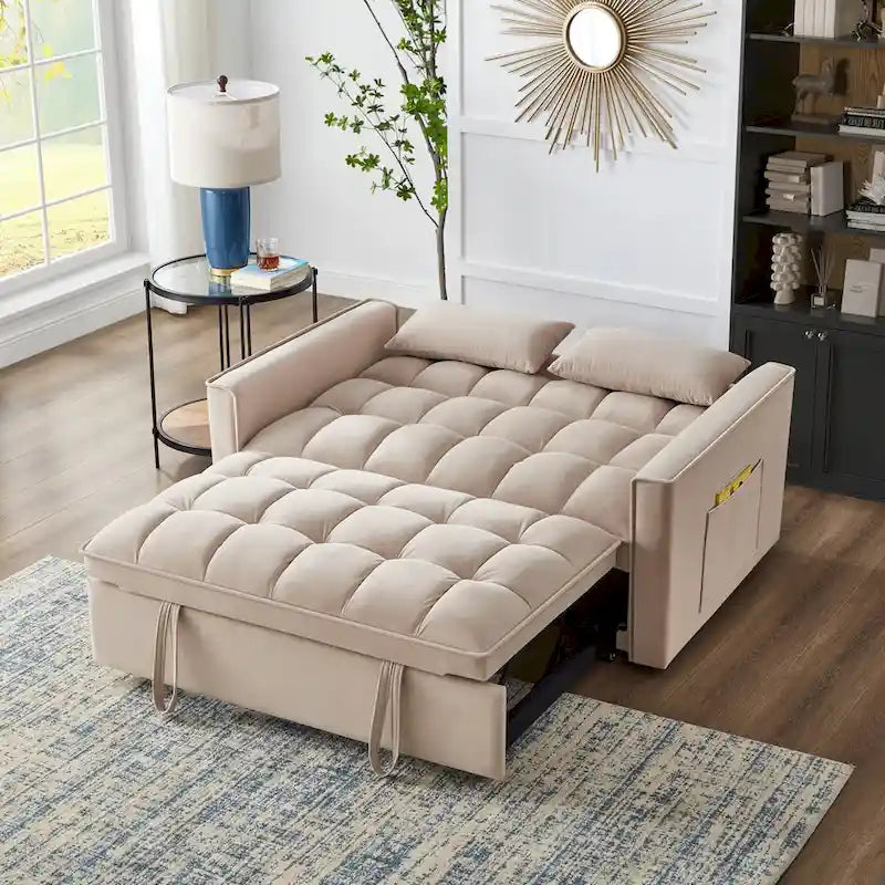 4-in-1 Schlafsofa ausziehbar – Samt-Zweisitzer – umwandelbares Schlafsofa mit verstellbarer Rückenlehne, 2 Seitentaschen