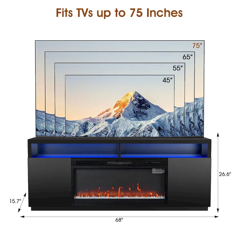 68 Moderne schwarze RGB-Elektrokamin-TV-Konsole für Fernsehgeräte bis 72 Zoll
