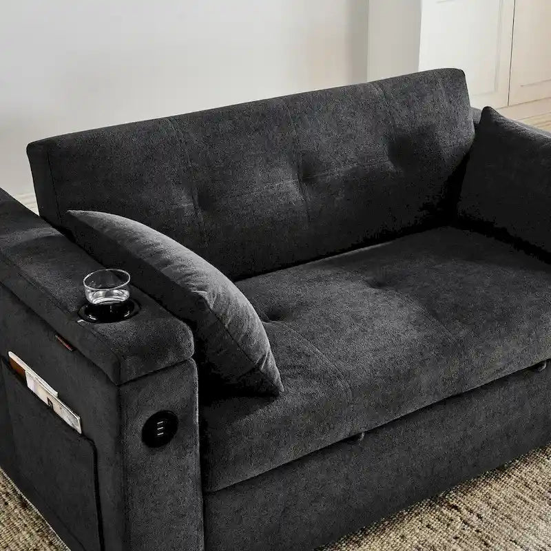 54 Schlafsofa zum Ausziehen, 2-Sitzer-Schlafsofa mit Stauraum, Lendenkissen, USB-Steckdose