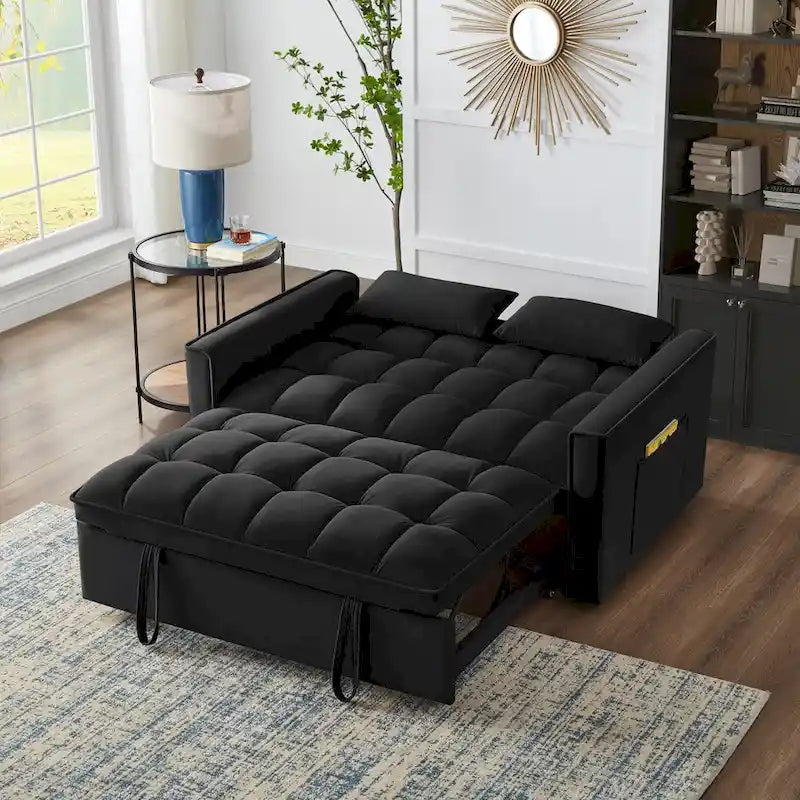 4-in-1 Schlafsofa ausziehbar – Samt-Zweisitzer – umwandelbares Schlafsofa mit verstellbarer Rückenlehne, 2 Seitentaschen