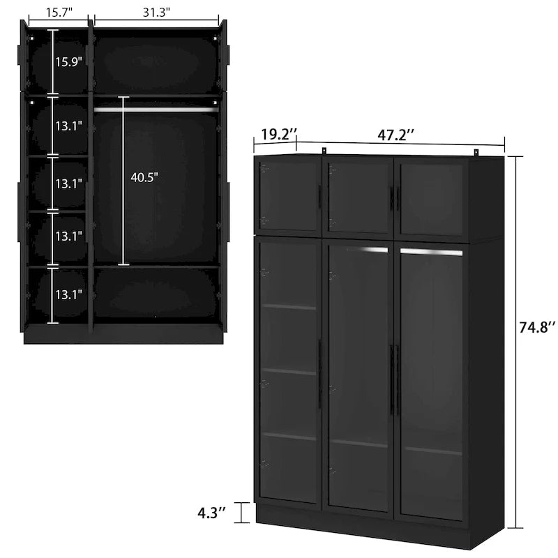 47,2 Zoll breiter Kleiderschrank mit LED-Beleuchtung, Ganzglastüren