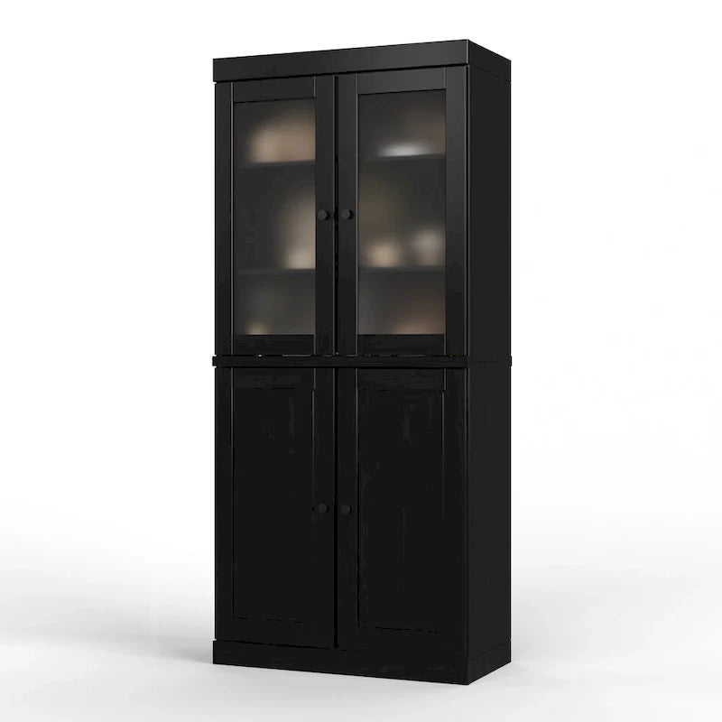 Vollholz-Vorratschrank mit Milchglastüren, Holztüren, 2 Schubladen und verstellbaren Einlegeböden