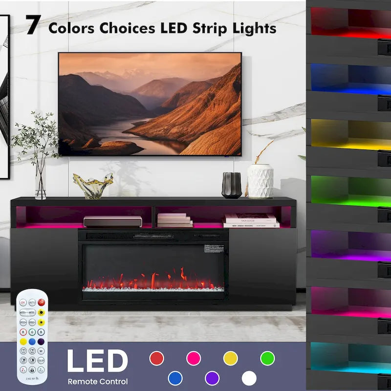 68 Moderne schwarze RGB-Elektrokamin-TV-Konsole für Fernsehgeräte bis 72 Zoll