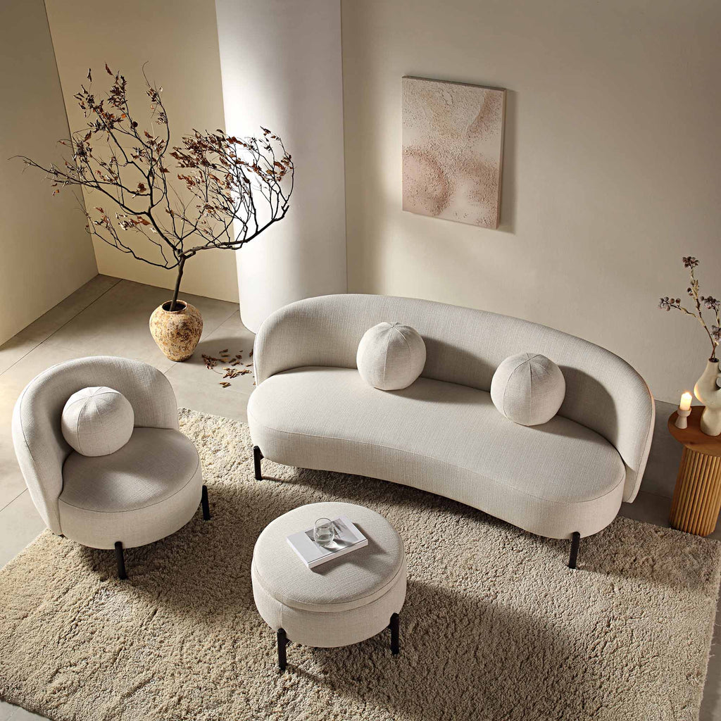 3-Sitzer geschwungenes Sofa mit Kugel-Kissen, Leinenmischung Beige