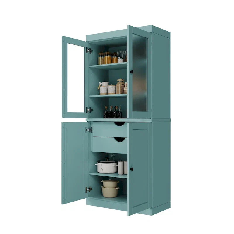 Vollholz-Vorratschrank mit Milchglastüren, Holztüren, 2 Schubladen und verstellbaren Einlegeböden