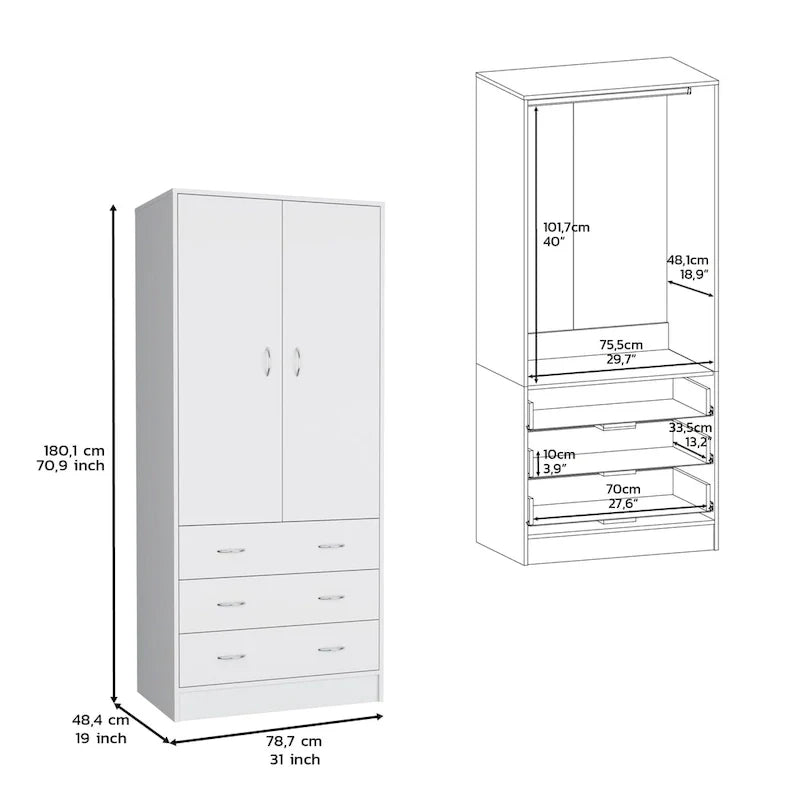 19 Moderner Doppeltüriger Kleiderschrank mit 3 Schubladen und 1 Kleiderstange für Schlafzimmer