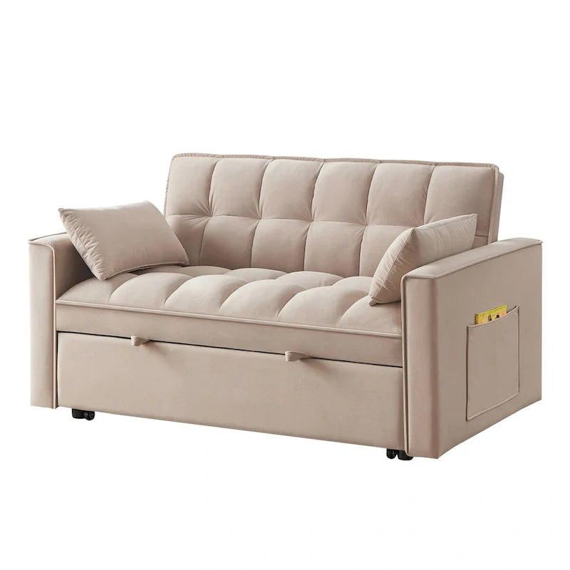4-in-1 Loveseat Schlafsofa mit Armlehnen & Aufbewahrungstaschen, Multifunktionales getuftetes Ausziehsofa mit verstellbarer Rückenlehne