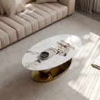 51 Moderne Pandora Oval-Couchtisch mit glänzender gesinterter Steinplatte, Luxus-Couchtisch, Edelstahlbeine für das Wohnzimmer