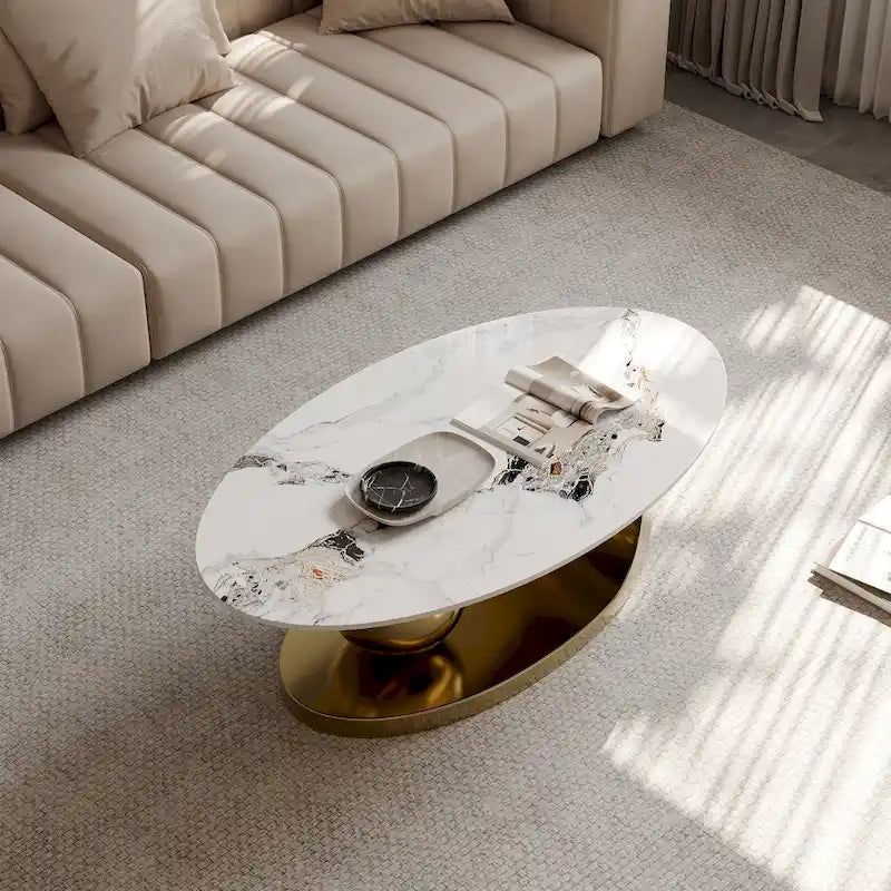51 Moderne Pandora Oval-Couchtisch mit glänzender gesinterter Steinplatte, Luxus-Couchtisch, Edelstahlbeine für das Wohnzimmer