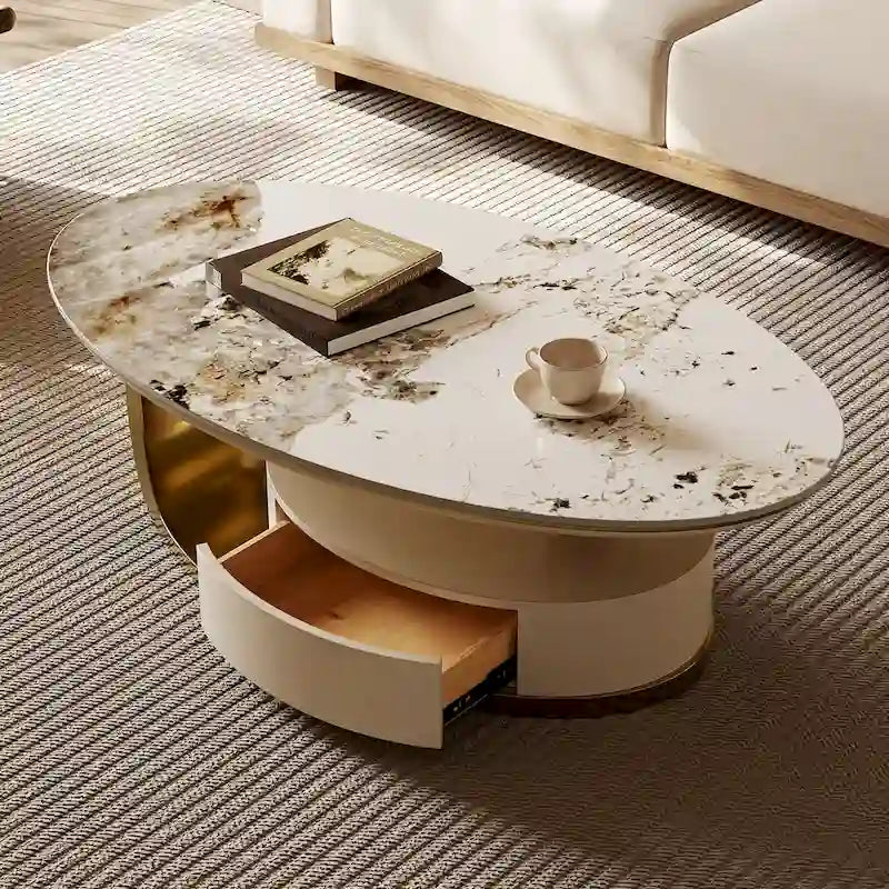 51 Moderne Pandora Oval-Couchtisch mit glänzender gesinterter Steinplatte, Luxus-Couchtisch, Edelstahlbeine für das Wohnzimmer