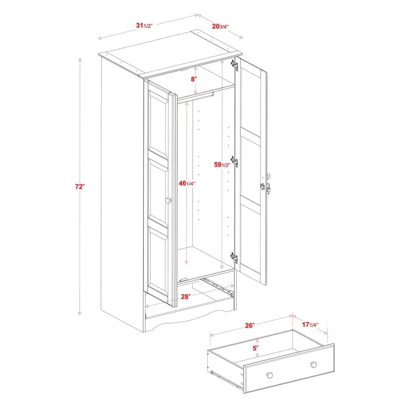 100 % Massivholz Flexibler Kleiderschrank mit Metall- oder Holzknäufen
