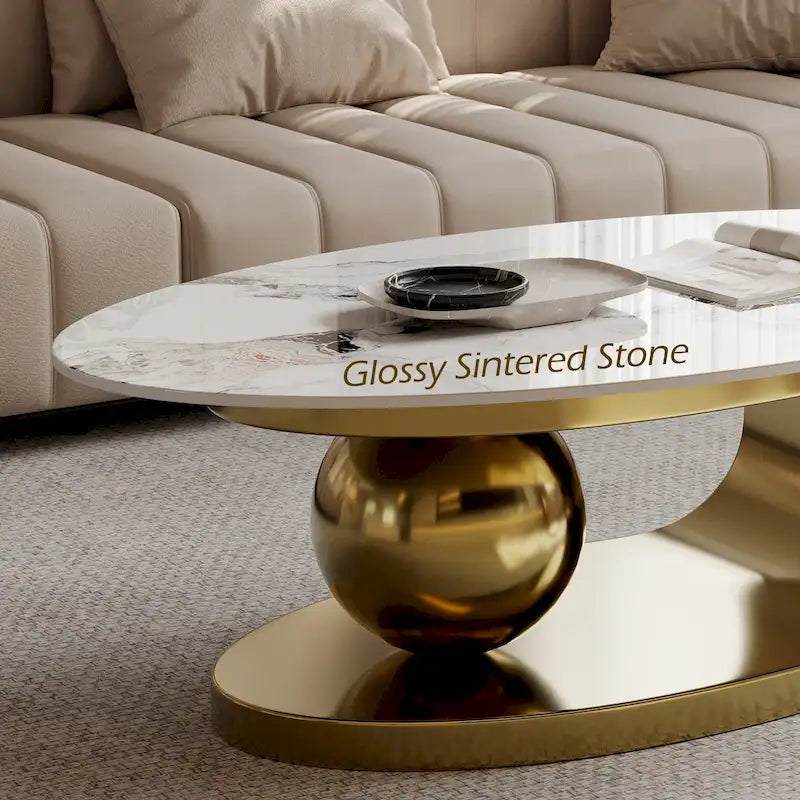 51 Moderne Pandora Oval-Couchtisch mit glänzender gesinterter Steinplatte, Luxus-Couchtisch, Edelstahlbeine für das Wohnzimmer