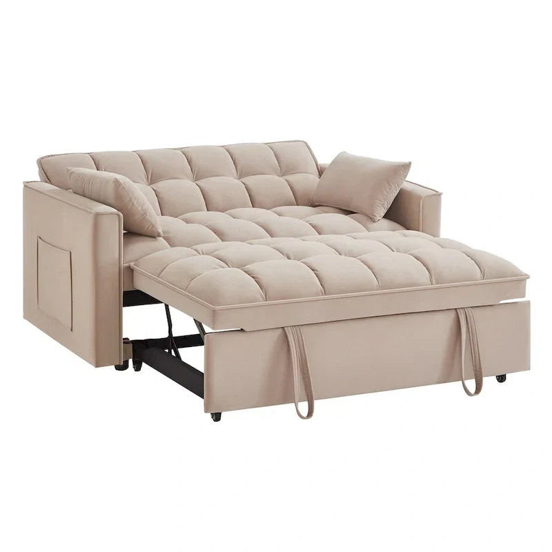 4-in-1 Loveseat Schlafsofa mit Armlehnen & Aufbewahrungstaschen, Multifunktionales getuftetes Ausziehsofa mit verstellbarer Rückenlehne