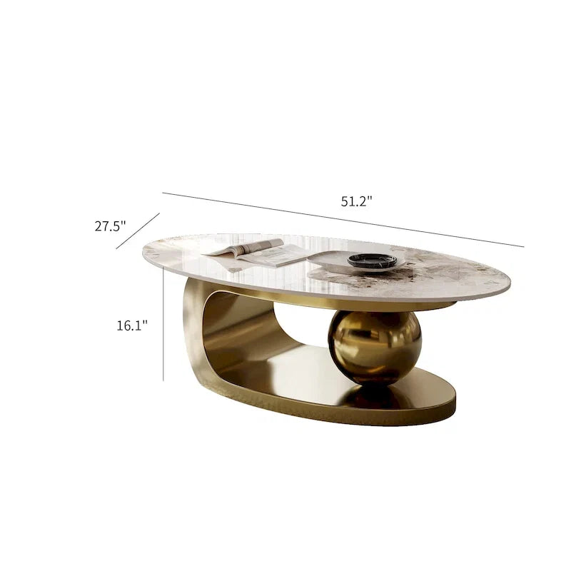 51 Moderne Pandora Oval-Couchtisch mit glänzender gesinterter Steinplatte, Luxus-Couchtisch, Edelstahlbeine für das Wohnzimmer