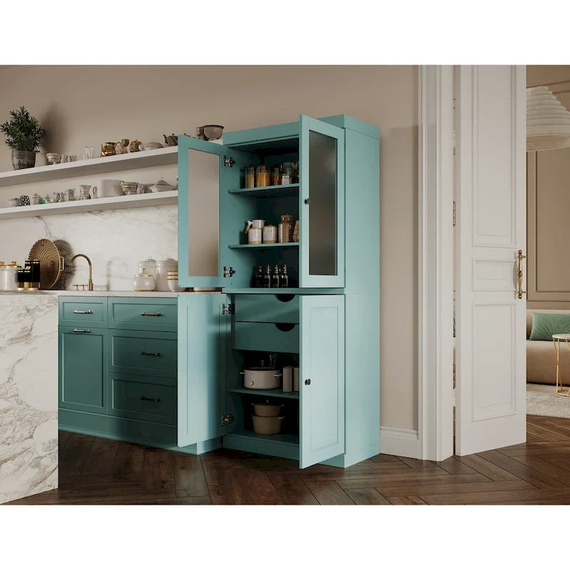 Vollholz-Vorratschrank mit Milchglastüren, Holztüren, 2 Schubladen und verstellbaren Einlegeböden