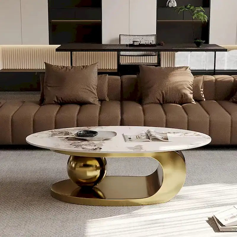 51 Moderne Pandora Oval-Couchtisch mit glänzender gesinterter Steinplatte, Luxus-Couchtisch, Edelstahlbeine für das Wohnzimmer