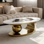51 Moderne Pandora Oval-Couchtisch mit glänzender gesinterter Steinplatte, Luxus-Couchtisch, Edelstahlbeine für das Wohnzimmer