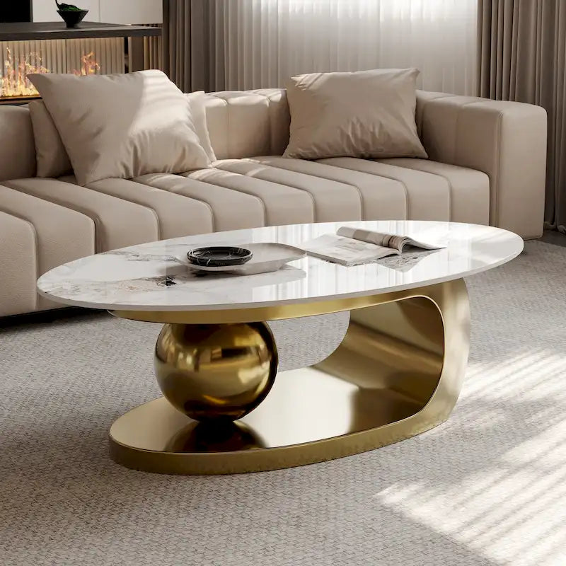 51 Moderne Pandora Oval-Couchtisch mit glänzender gesinterter Steinplatte, Luxus-Couchtisch, Edelstahlbeine für das Wohnzimmer