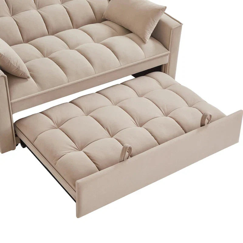 4-in-1 Loveseat Schlafsofa mit Armlehnen & Aufbewahrungstaschen, Multifunktionales getuftetes Ausziehsofa mit verstellbarer Rückenlehne