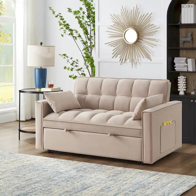 4-in-1 Loveseat Schlafsofa mit Armlehnen & Aufbewahrungstaschen, Multifunktionales getuftetes Ausziehsofa mit verstellbarer Rückenlehne