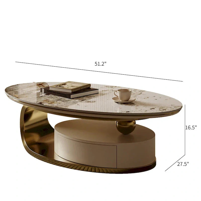 51 Moderne Pandora Oval-Couchtisch mit glänzender gesinterter Steinplatte, Luxus-Couchtisch, Edelstahlbeine für das Wohnzimmer