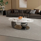 51 Moderne Pandora Oval-Couchtisch mit glänzender gesinterter Steinplatte, Luxus-Couchtisch, Edelstahlbeine für das Wohnzimmer
