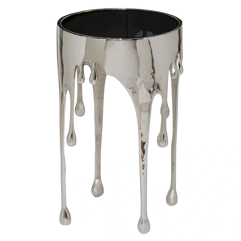 Aluminium-Metall-Drip-Akzent-Kaffee- oder Konsolentisch mit schmelzend geformten Beinen und getönter Glasplatte - Roche River Decor