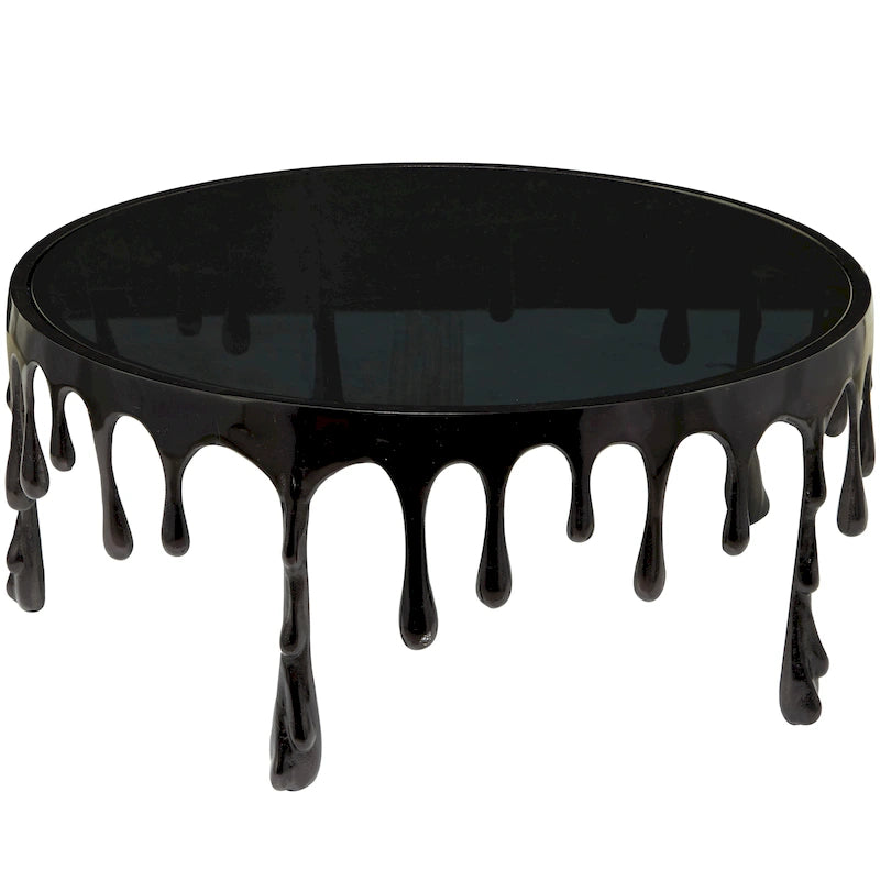 Aluminium-Metall-Drip-Akzent-Kaffee- oder Konsolentisch mit schmelzend geformten Beinen und getönter Glasplatte - Roche River Decor