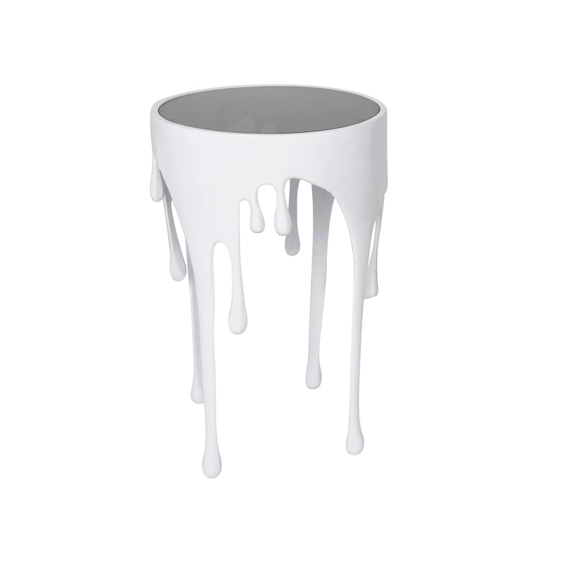 Aluminium-Metall-Drip-Akzent-Kaffee- oder Konsolentisch mit schmelzend geformten Beinen und getönter Glasplatte - Roche River Decor