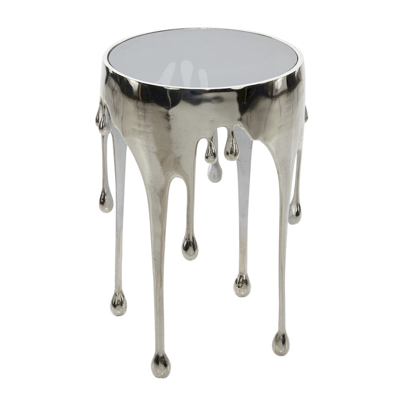 Aluminium-Metall-Drip-Akzent-Kaffee- oder Konsolentisch mit schmelzend geformten Beinen und getönter Glasplatte - Roche River Decor