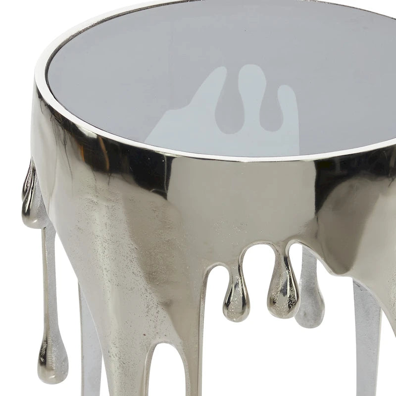 Aluminium-Metall-Drip-Akzent-Kaffee- oder Konsolentisch mit schmelzend geformten Beinen und getönter Glasplatte - Roche River Decor