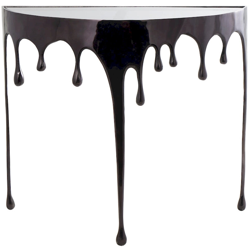 Aluminium-Metall-Drip-Akzent-Kaffee- oder Konsolentisch mit schmelzend geformten Beinen und getönter Glasplatte - Roche River Decor