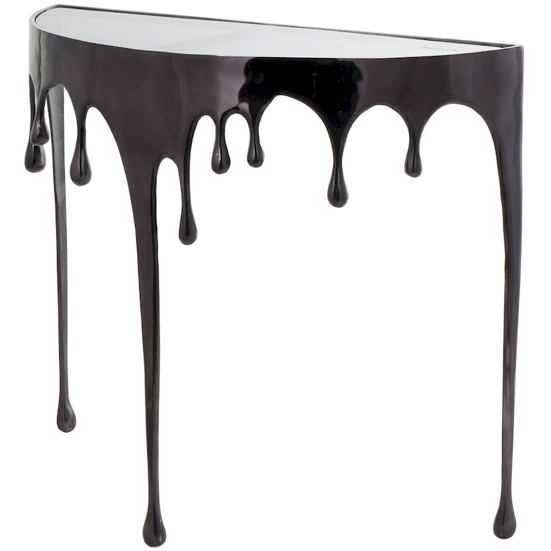 Aluminium-Metall-Drip-Akzent-Kaffee- oder Konsolentisch mit schmelzend geformten Beinen und getönter Glasplatte - Roche River Decor
