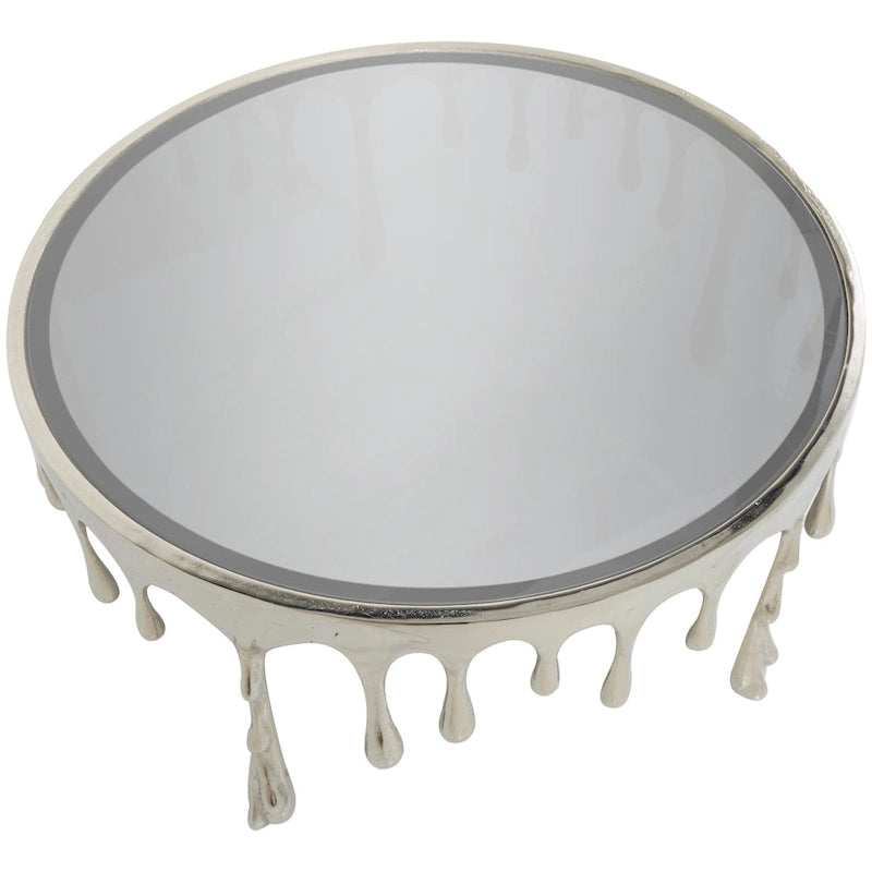 Aluminium-Metall-Drip-Akzent-Kaffee- oder Konsolentisch mit schmelzend geformten Beinen und getönter Glasplatte - Roche River Decor