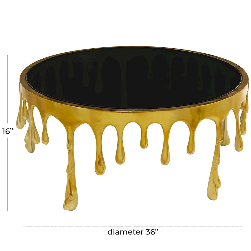 Aluminium-Metall-Drip-Akzent-Kaffee- oder Konsolentisch mit schmelzend geformten Beinen und getönter Glasplatte - Roche River Decor