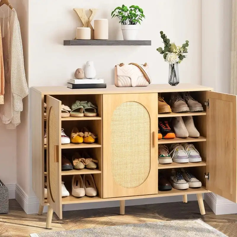 Moderner Rattan-Schuhschrank mit Doppeltüren und verstellbaren Einlegeböden, Akzentschrank für Wohnzimmer, Schlafzimmer, Flur