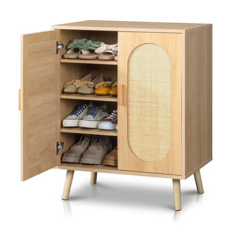 Moderner Rattan-Schuhschrank mit Doppeltüren und verstellbaren Einlegeböden, Akzentschrank für Wohnzimmer, Schlafzimmer, Flur